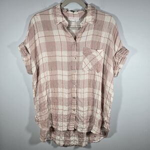 Jane & Delancey Pink Plaid Short Sleeve Button Down Top Women’s Size Large Shirt